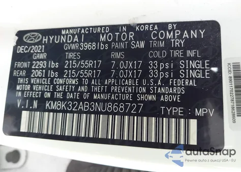 2022 Hyundai Kona Sel z USA, uszkodzony, nr VIN KM8K32AB3NU868727